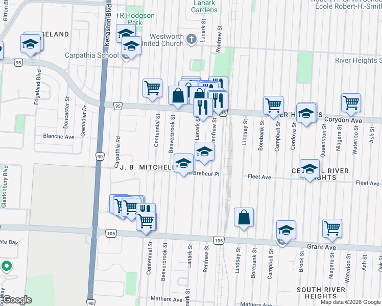 map of restaurants, bars, coffee shops, grocery stores, and more near 525 Lanark Street in Winnipeg