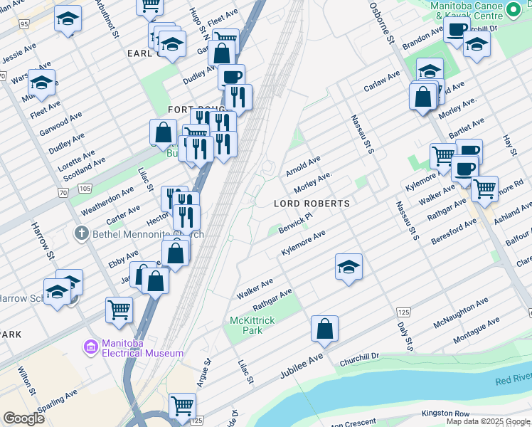 map of restaurants, bars, coffee shops, grocery stores, and more near 690 Hugo Street South in Winnipeg