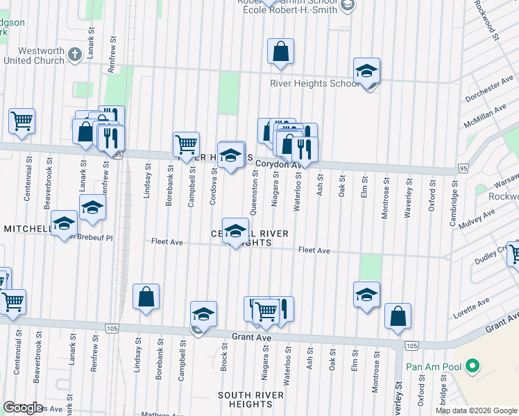 map of restaurants, bars, coffee shops, grocery stores, and more near 550 Queenston Street in Winnipeg