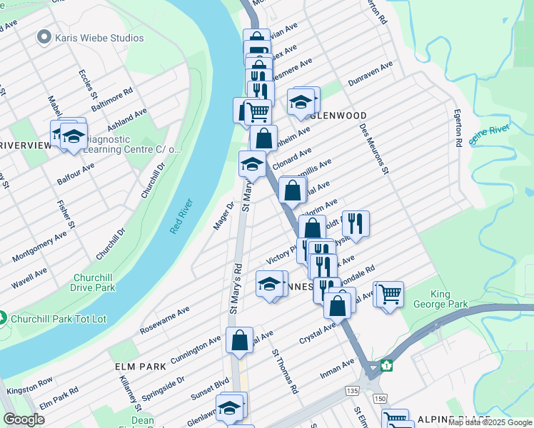 map of restaurants, bars, coffee shops, grocery stores, and more near 19 Loraine Street in Winnipeg