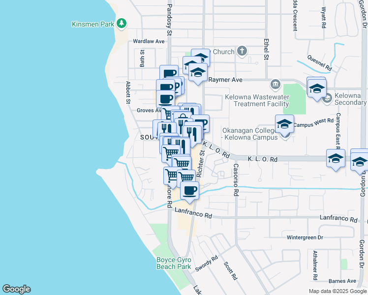 map of restaurants, bars, coffee shops, grocery stores, and more near 595 K. L. O. Road in Kelowna