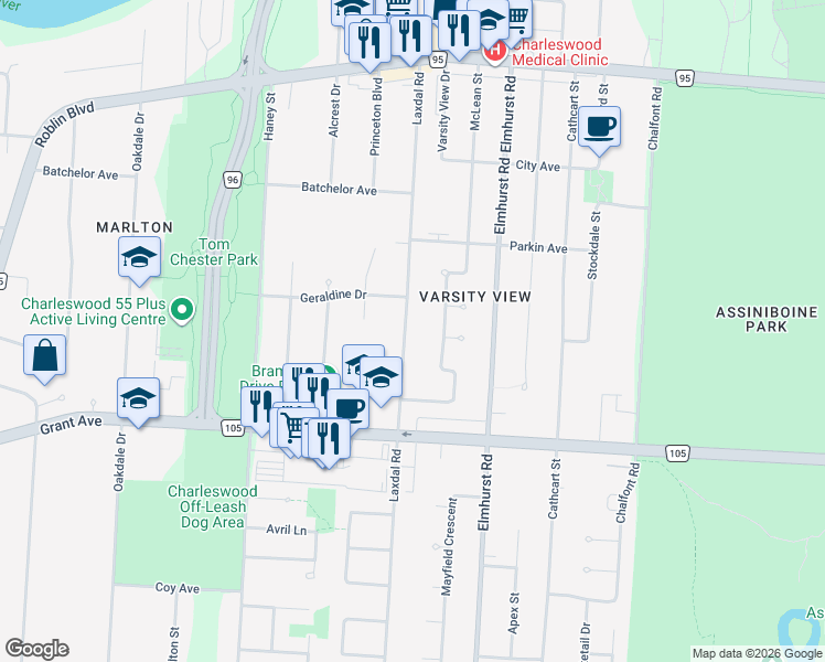 map of restaurants, bars, coffee shops, grocery stores, and more near 397 Laxdal Road in Winnipeg