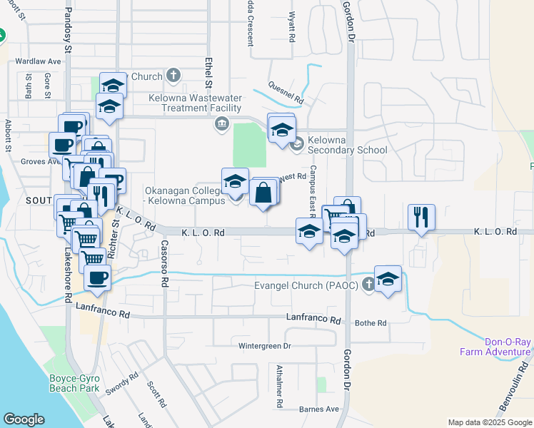 map of restaurants, bars, coffee shops, grocery stores, and more near 1000 K. L. O. Road in Kelowna