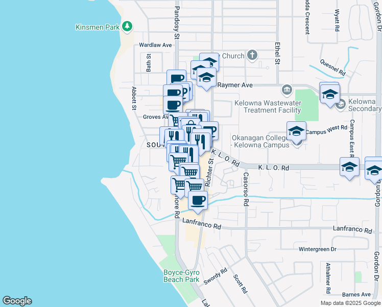 map of restaurants, bars, coffee shops, grocery stores, and more near 595 K. L. O. Road in Kelowna