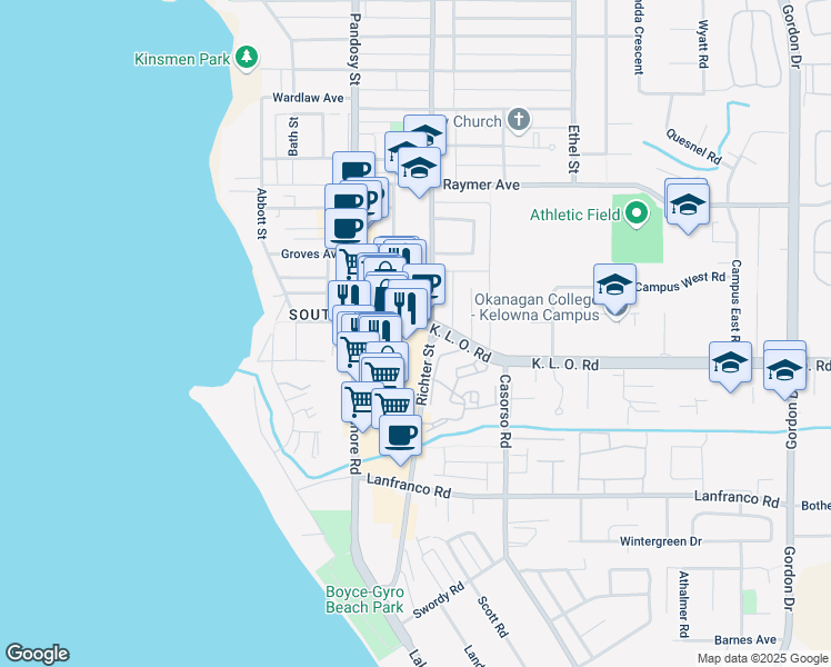 map of restaurants, bars, coffee shops, grocery stores, and more near 2-605 K. L. O. Road in Kelowna
