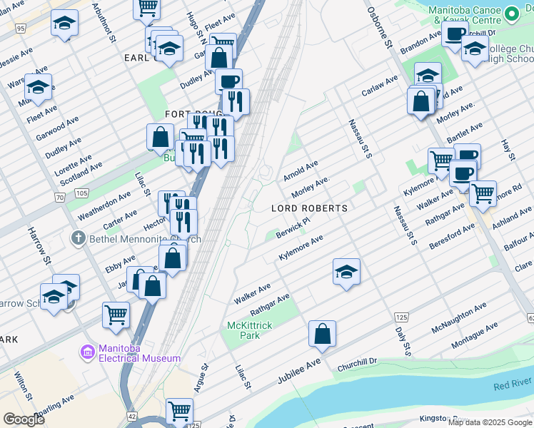 map of restaurants, bars, coffee shops, grocery stores, and more near 537 Berwick Place in Winnipeg