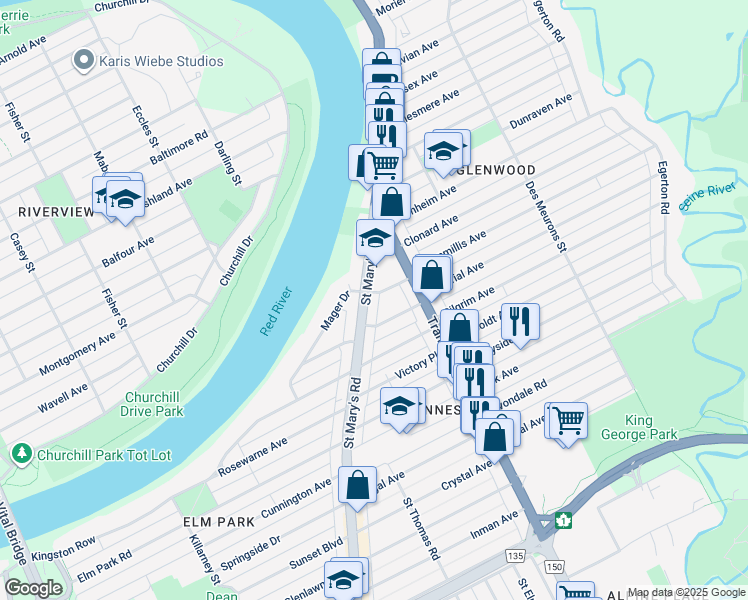 map of restaurants, bars, coffee shops, grocery stores, and more near 627 Route 52 in Winnipeg