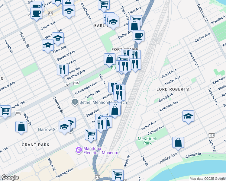 map of restaurants, bars, coffee shops, grocery stores, and more near 681 Pembina Highway in Winnipeg