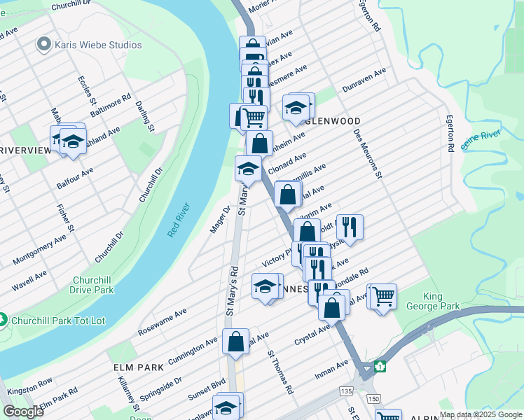 map of restaurants, bars, coffee shops, grocery stores, and more near 19 Loraine Street in Winnipeg