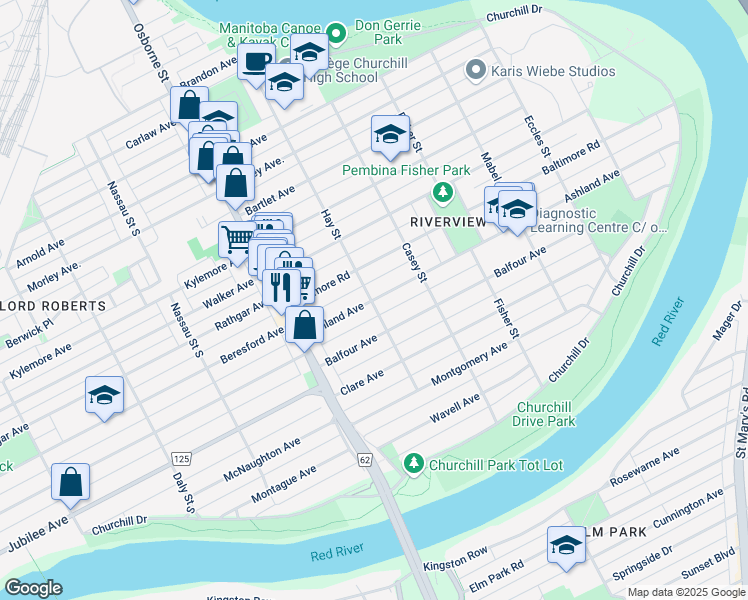 map of restaurants, bars, coffee shops, grocery stores, and more near 298 Ashland Avenue in Winnipeg