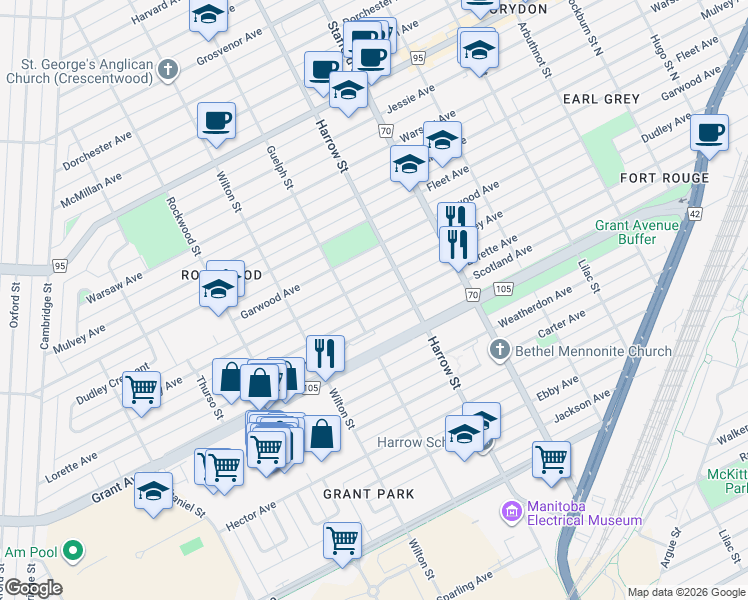 map of restaurants, bars, coffee shops, grocery stores, and more near in Winnipeg