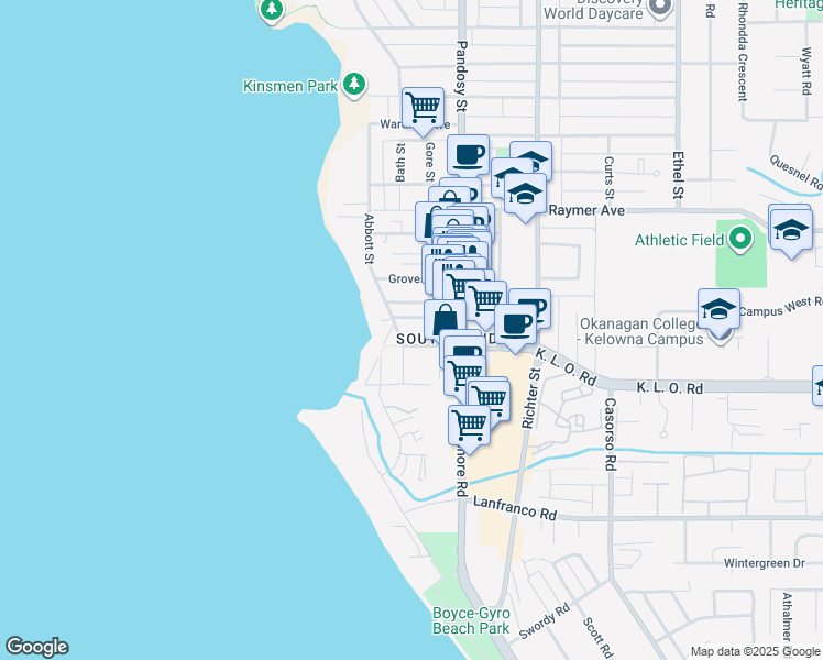 map of restaurants, bars, coffee shops, grocery stores, and more near in Kelowna