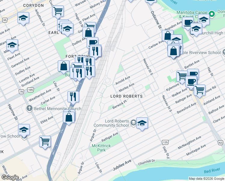 map of restaurants, bars, coffee shops, grocery stores, and more near 670 Hugo Street South in Winnipeg