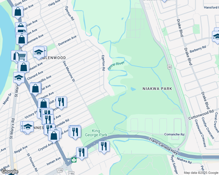 map of restaurants, bars, coffee shops, grocery stores, and more near 277 Egerton Road in Winnipeg