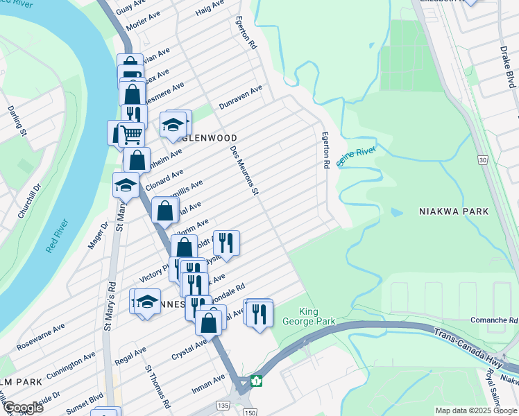 map of restaurants, bars, coffee shops, grocery stores, and more near 112 Pilgrim Avenue in Winnipeg
