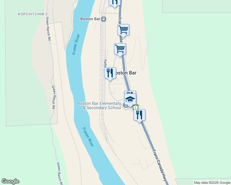 map of restaurants, bars, coffee shops, grocery stores, and more near 47724 Old Boston Bar Road in Boston Bar