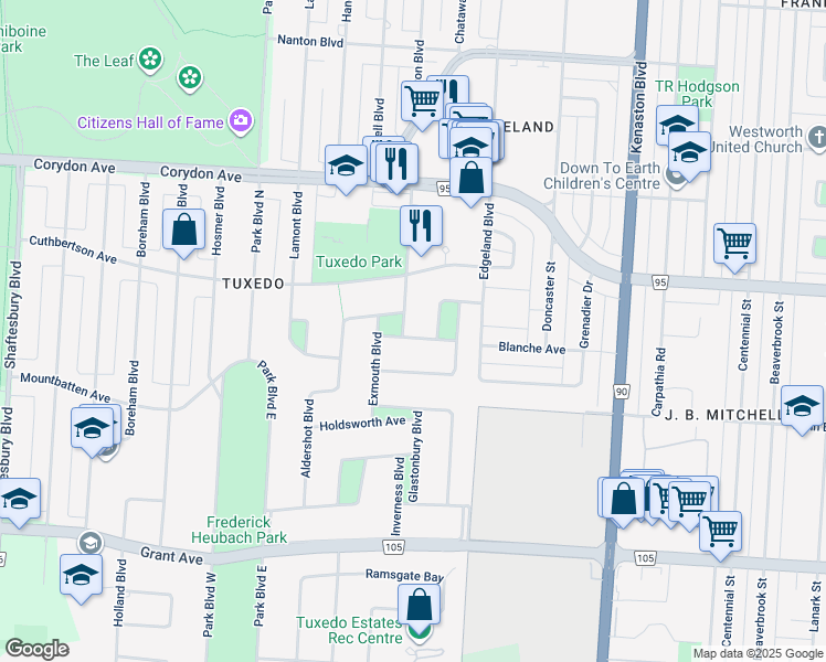 map of restaurants, bars, coffee shops, grocery stores, and more near 419 Southport Boulevard in Winnipeg