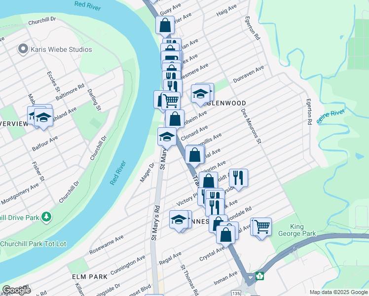 map of restaurants, bars, coffee shops, grocery stores, and more near 46 Trans-Canada Highway in Winnipeg