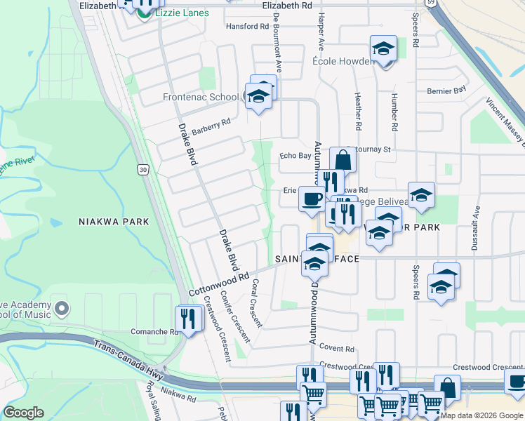 map of restaurants, bars, coffee shops, grocery stores, and more near 25 Bittersweet Bay in Winnipeg