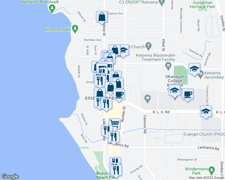 map of restaurants, bars, coffee shops, grocery stores, and more near 3018 Tutt Street in Kelowna