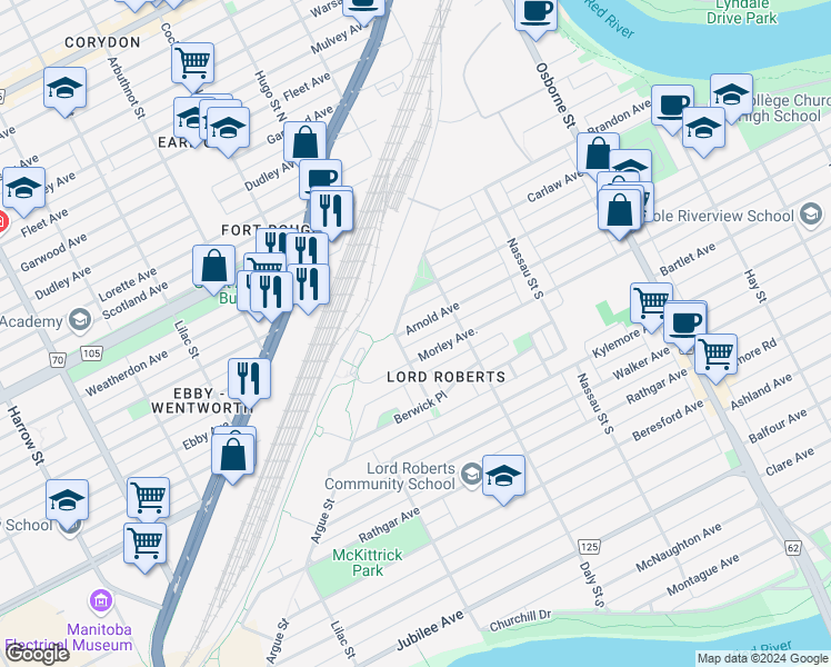 map of restaurants, bars, coffee shops, grocery stores, and more near 472 Arnold Avenue in Winnipeg