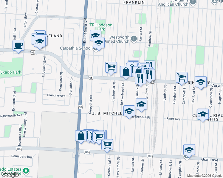 map of restaurants, bars, coffee shops, grocery stores, and more near 547 Centennial Street in Winnipeg