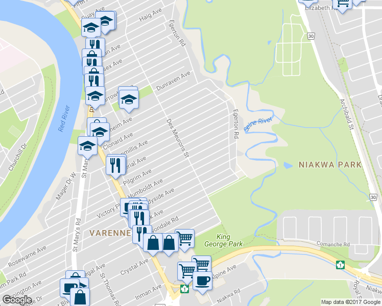 map of restaurants, bars, coffee shops, grocery stores, and more near 112 Pilgrim Avenue in Winnipeg