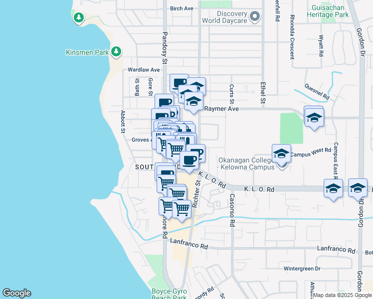 map of restaurants, bars, coffee shops, grocery stores, and more near 3001 Tutt Street in Kelowna