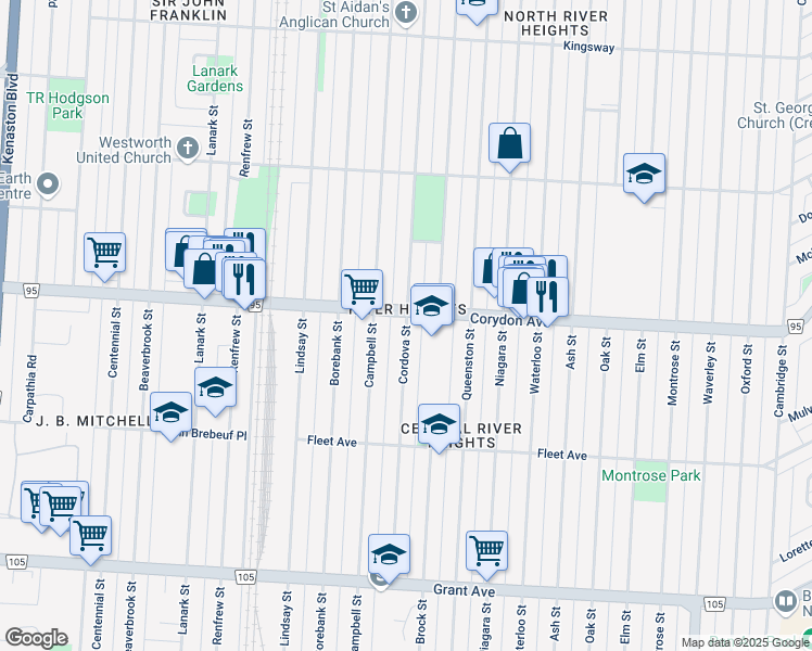 map of restaurants, bars, coffee shops, grocery stores, and more near in Winnipeg