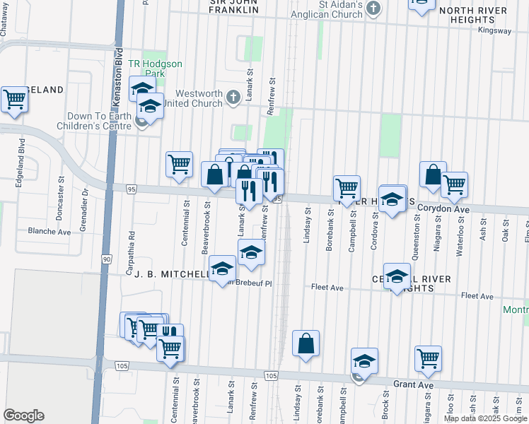 map of restaurants, bars, coffee shops, grocery stores, and more near Renfrew Street in Winnipeg