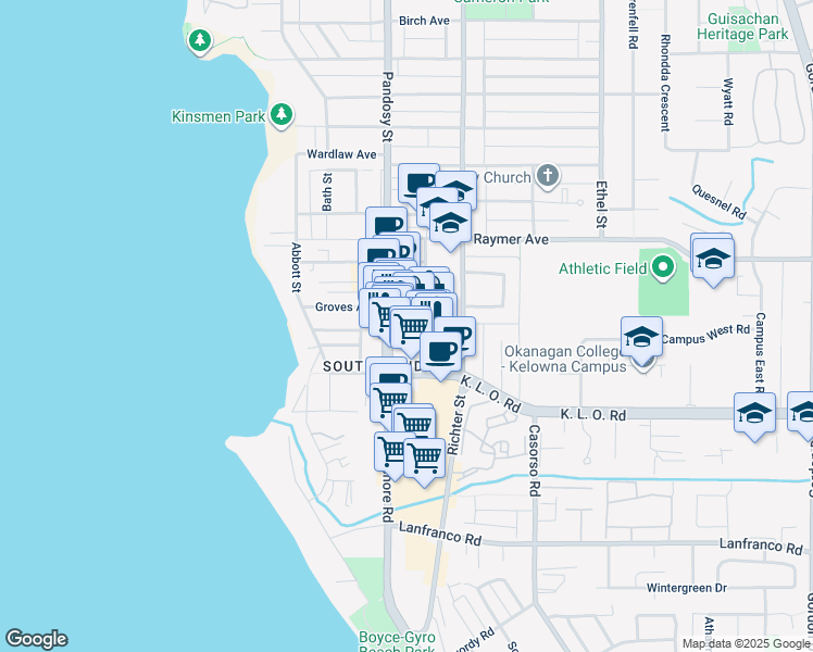map of restaurants, bars, coffee shops, grocery stores, and more near 3018 Tutt Street in Kelowna
