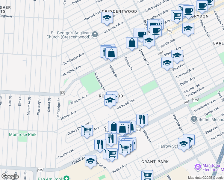 map of restaurants, bars, coffee shops, grocery stores, and more near 1071 Mulvey Avenue in Winnipeg