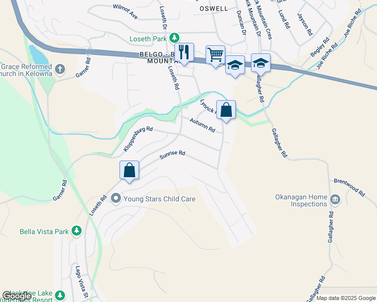 map of restaurants, bars, coffee shops, grocery stores, and more near 1672 Sunrise Road in Kelowna