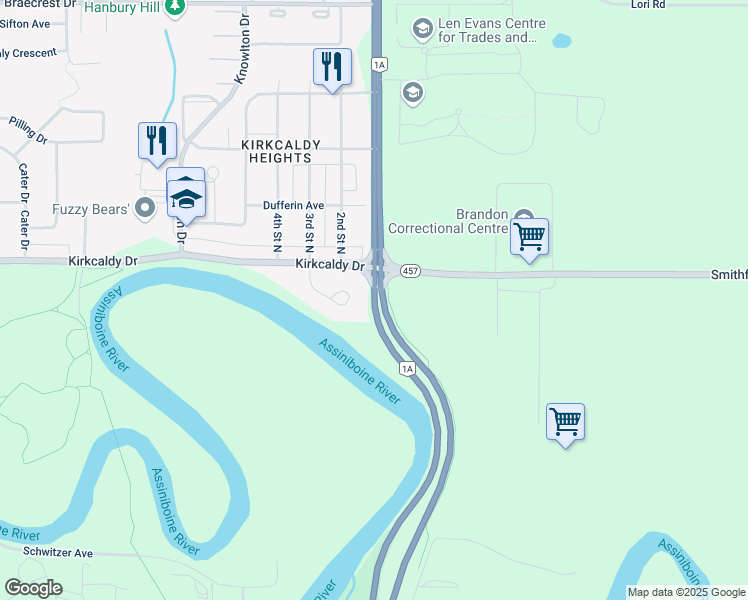 map of restaurants, bars, coffee shops, grocery stores, and more near John Bracken Highway in Brandon