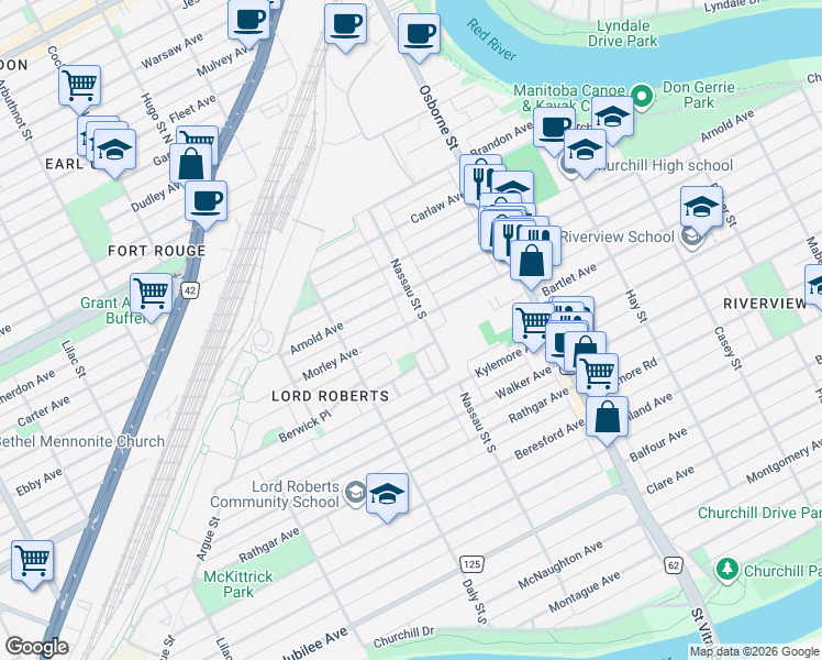 map of restaurants, bars, coffee shops, grocery stores, and more near 378 Morley Avenue in Winnipeg