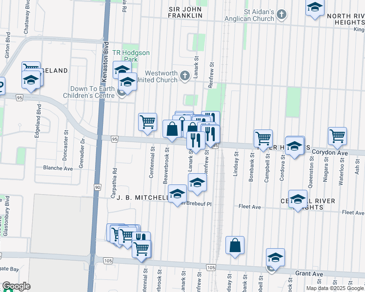 map of restaurants, bars, coffee shops, grocery stores, and more near 1720 Route 95 in Winnipeg