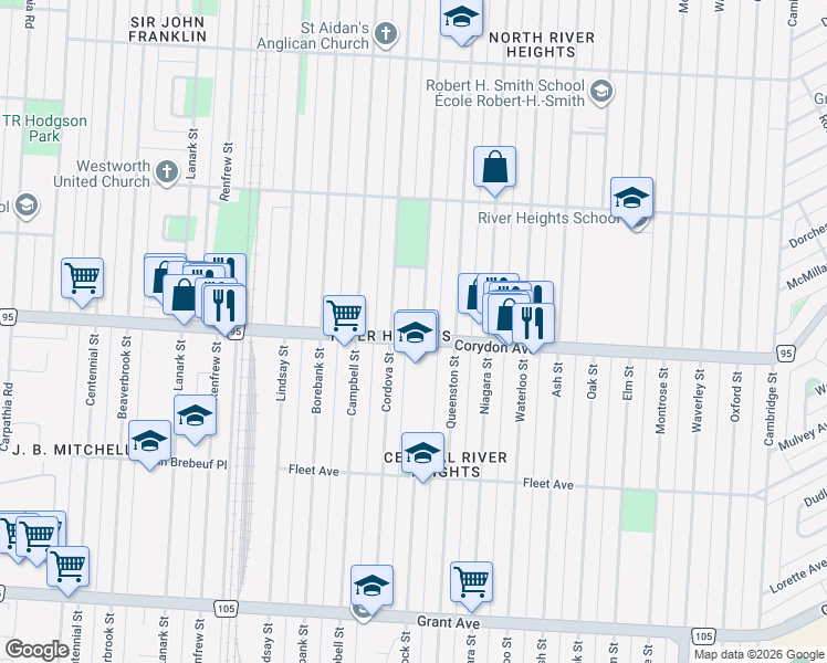 map of restaurants, bars, coffee shops, grocery stores, and more near 1510 Corydon Avenue in Winnipeg