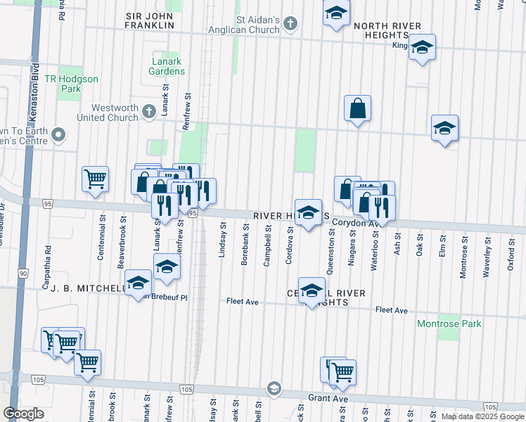 map of restaurants, bars, coffee shops, grocery stores, and more near in Winnipeg