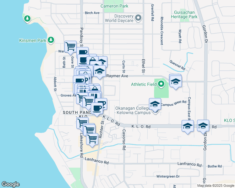 map of restaurants, bars, coffee shops, grocery stores, and more near 727 Coopland Crescent in Kelowna