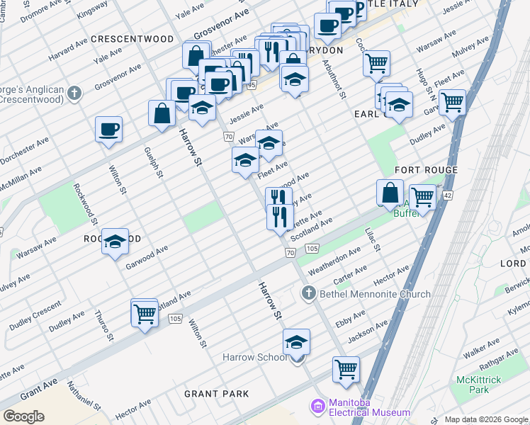 map of restaurants, bars, coffee shops, grocery stores, and more near in Winnipeg
