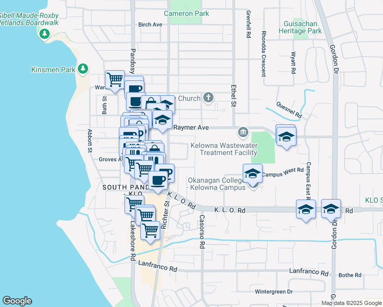 map of restaurants, bars, coffee shops, grocery stores, and more near 727 Coopland Crescent in Kelowna