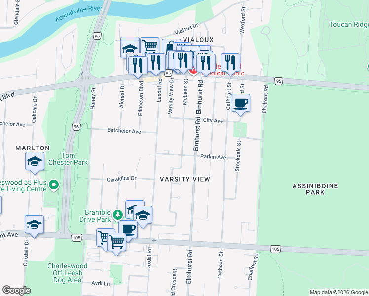 map of restaurants, bars, coffee shops, grocery stores, and more near 321 McLean Street in Winnipeg