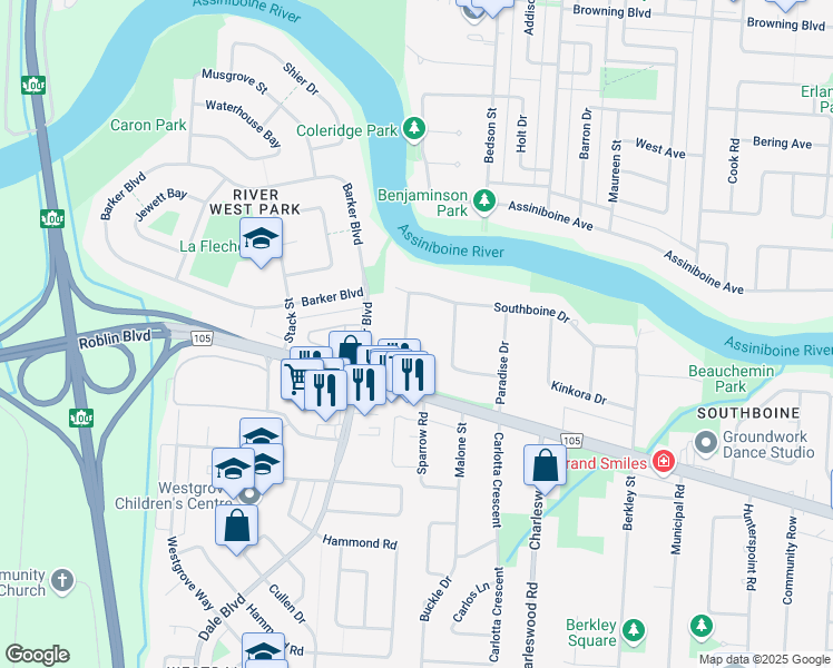map of restaurants, bars, coffee shops, grocery stores, and more near 15 Willow Ridge Road in Winnipeg