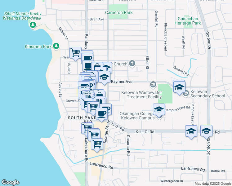 map of restaurants, bars, coffee shops, grocery stores, and more near 727 Coopland Crescent in Kelowna