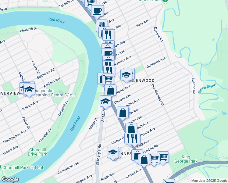 map of restaurants, bars, coffee shops, grocery stores, and more near 11 Blenheim Avenue in Winnipeg