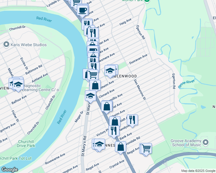 map of restaurants, bars, coffee shops, grocery stores, and more near 38 Blenheim Avenue in Winnipeg