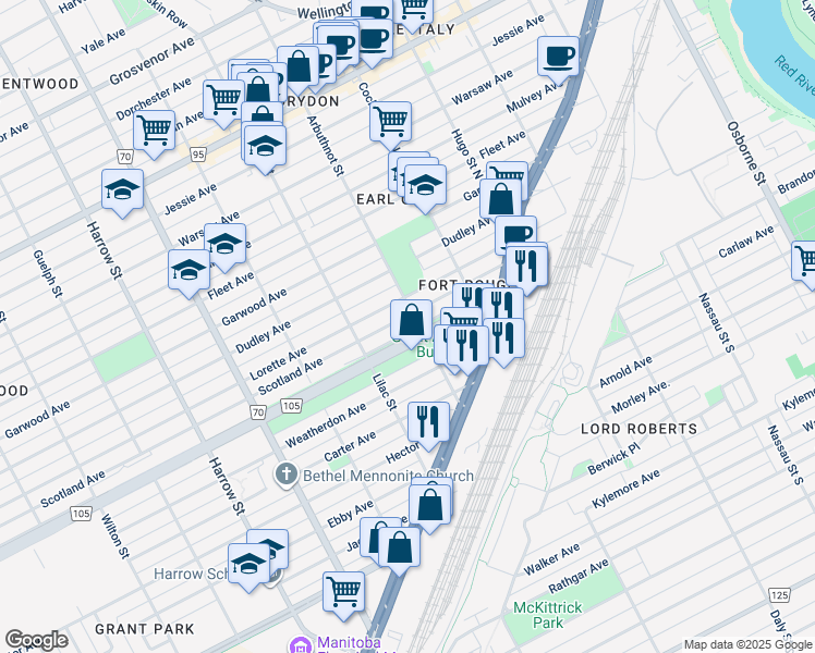 map of restaurants, bars, coffee shops, grocery stores, and more near 756 Scotland Avenue in Winnipeg