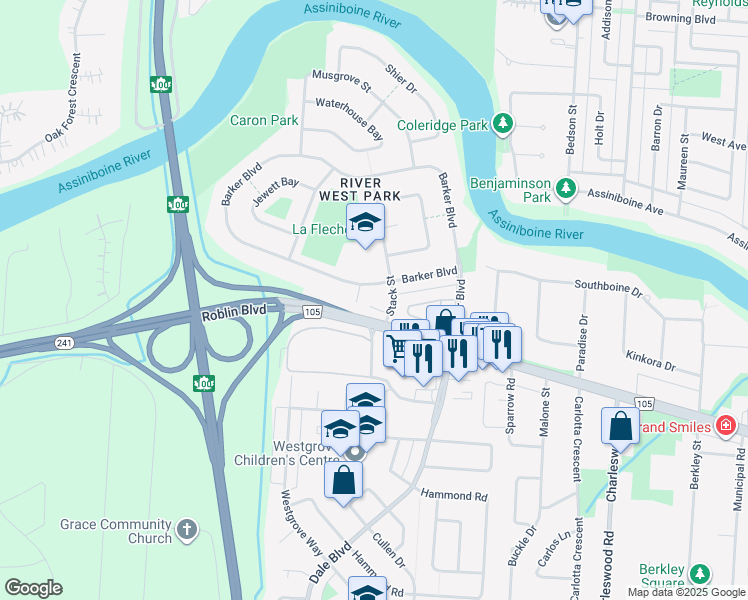 map of restaurants, bars, coffee shops, grocery stores, and more near 403 Barker Boulevard in Winnipeg