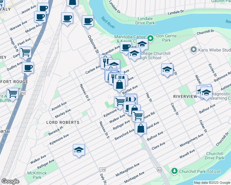 map of restaurants, bars, coffee shops, grocery stores, and more near 601 Osborne Street in Winnipeg