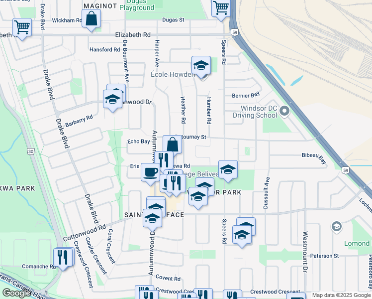 map of restaurants, bars, coffee shops, grocery stores, and more near 82 Heather Road in Winnipeg